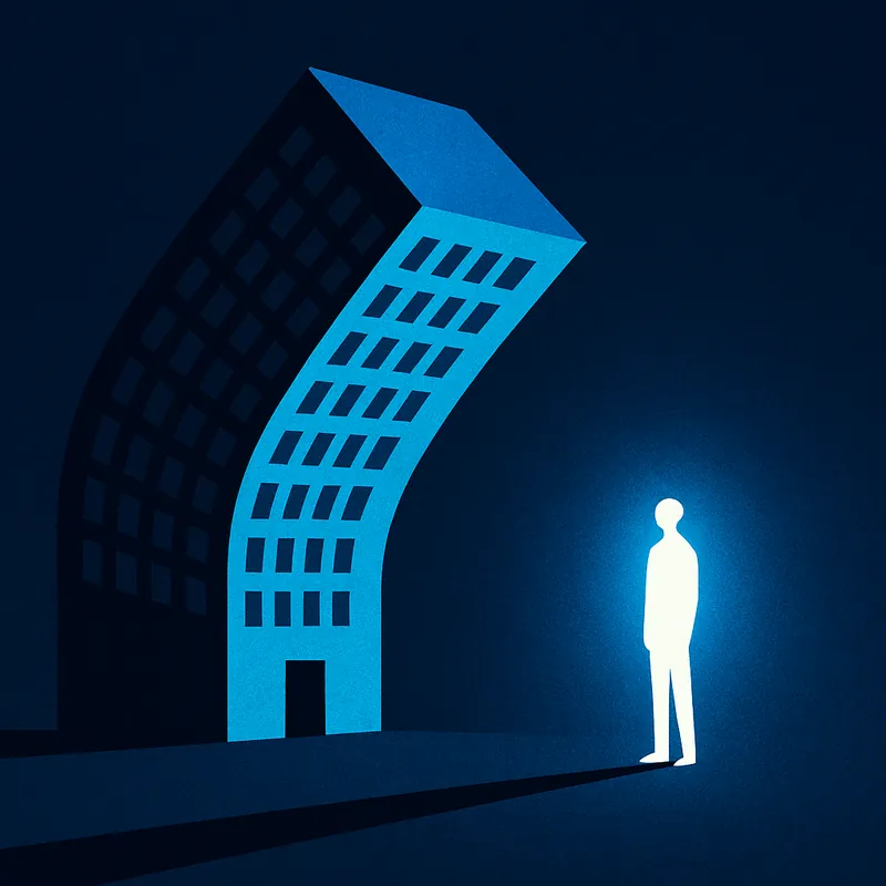 Person steht vor einem grossen Bürogebäude, das sich zu ihr neigt – Symbol für den Arbeitnehmermarkt