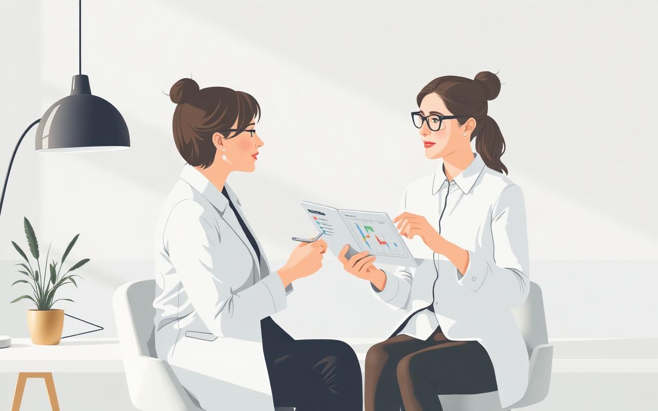 Coach und Klientin im strukturierten Erstgespräch mit Profil-Auswertung auf einem Tablet — Pre-Coaching-Assessment